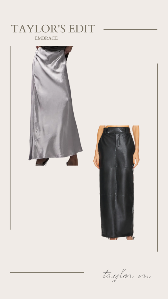 Bias Cut Satin Maxi Skirt and Waterbased Faux Leather Midi Skirt